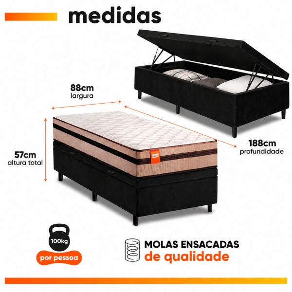 Colchão Symmetry + Baú Solteiro - Preto