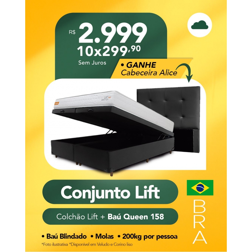 Kit Colchão Lift Queen + Baú Blindado + Cabeceira  Alice - CORINO PRETO